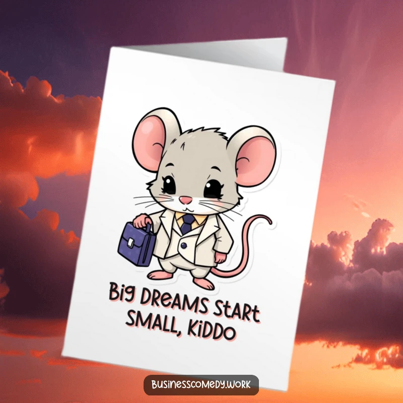 Funny Free Printable Birthday Card: Determined mouse in a suit with a briefcase, ready for business and birthday fun.