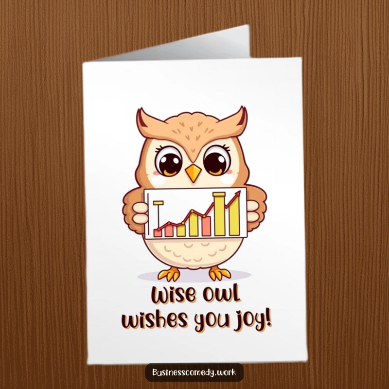 Funny Free Printable Birthday Card: Cheerful owl smiling, presenting a chart with rising graphs, celebrating success.