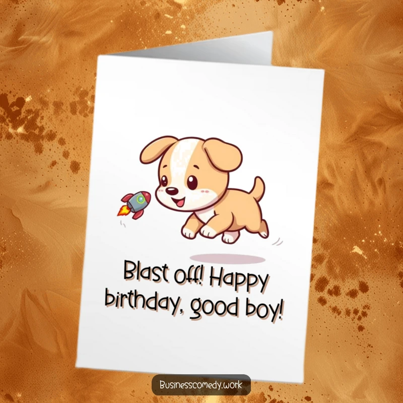 Funny Free Printable Birthday Card: Playful puppy joyfully chasing a tiny rocket icon through the sky.