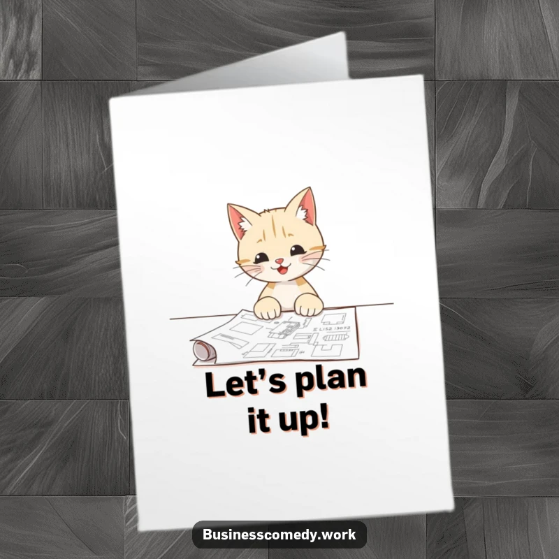 Funny Free Printable Birthday Card: A happy cat intently examines a blueprint, planning a purr-fect birthday celebration.