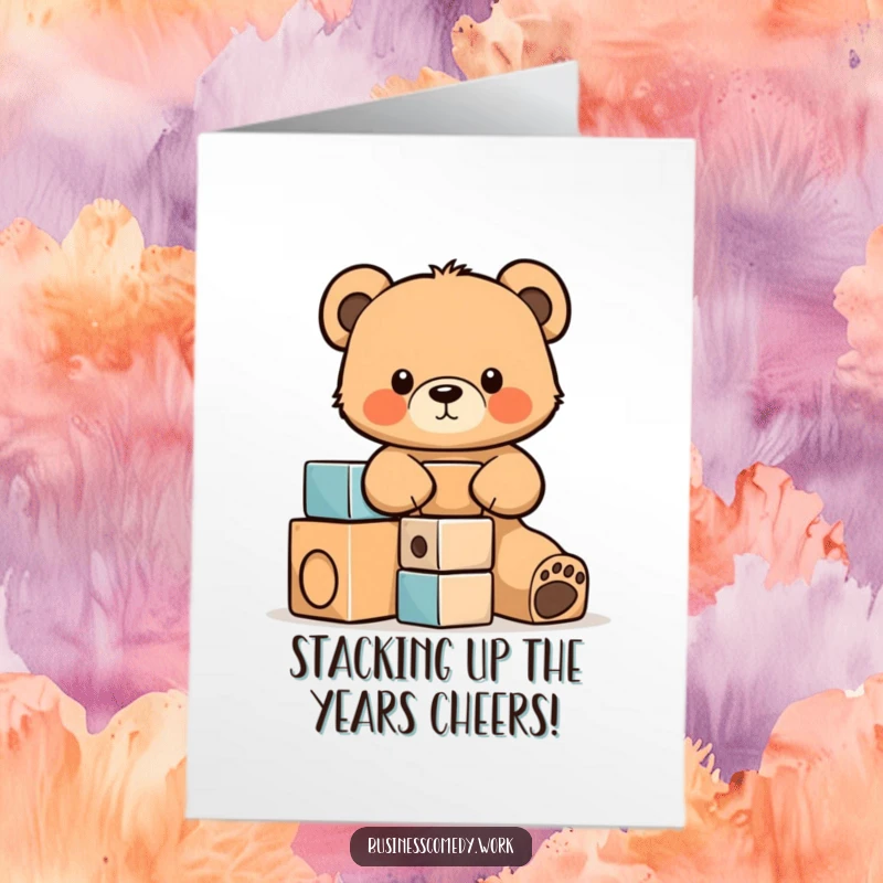 Funny Free Printable Birthday Card: Determined bear cub cub stacking colorful blocks, ready for party fun.