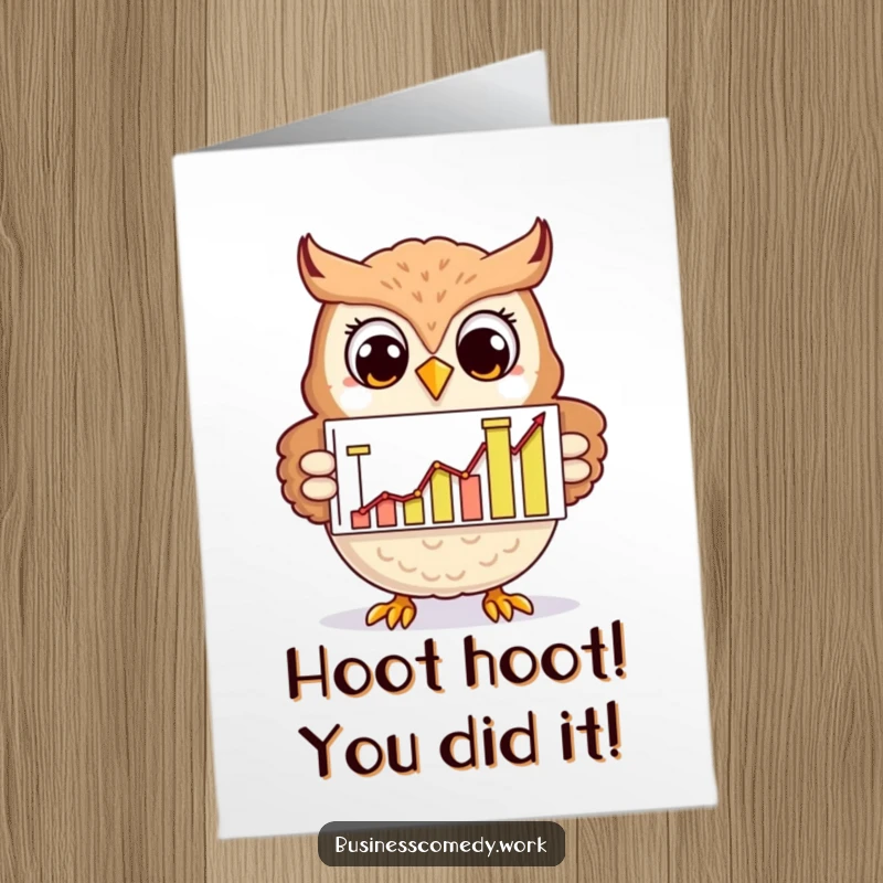 Funny Free Printable Congratulations Card: Smiling owl presenting a chart with upward trending graphs, signifying great success.