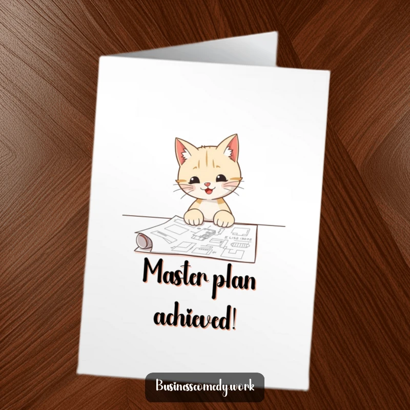 Funny Free Printable Congratulations Card: A curious cat examines a blueprint, symbolizing careful planning and successful outcomes.