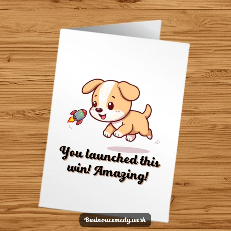 Funny Free Printable Congratulations Card: Playful puppy chasing a tiny rocket icon, symbolizing rapid success.