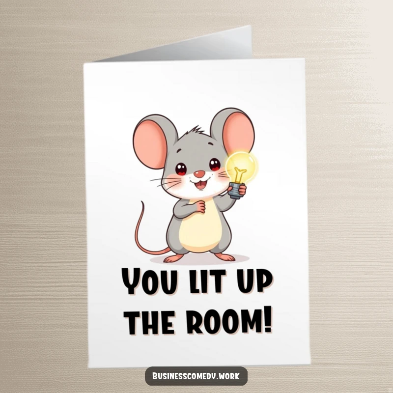 Funny Free Printable Congratulations Card: Smiling mouse presenting a glowing lightbulb, a symbol of bright ideas and success.