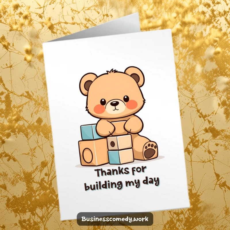 Funny Free Printable Thank You Card: Determined bear cub cub stacking blocks, representing gratitude and effort.