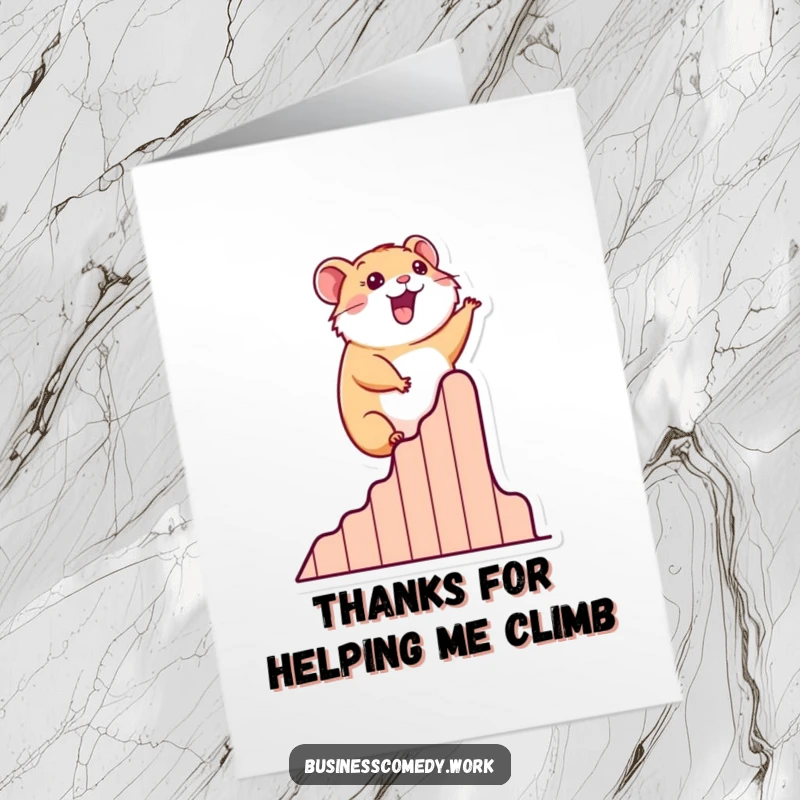 Funny Free Printable Thank You Card: Happy hamster climbing a stylized graph of success, representing gratitude.