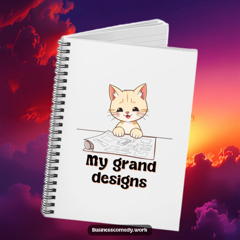 Funny notebook featuring a happy cat examining a blueprint, perfect for jotting down ideas and creative projects.