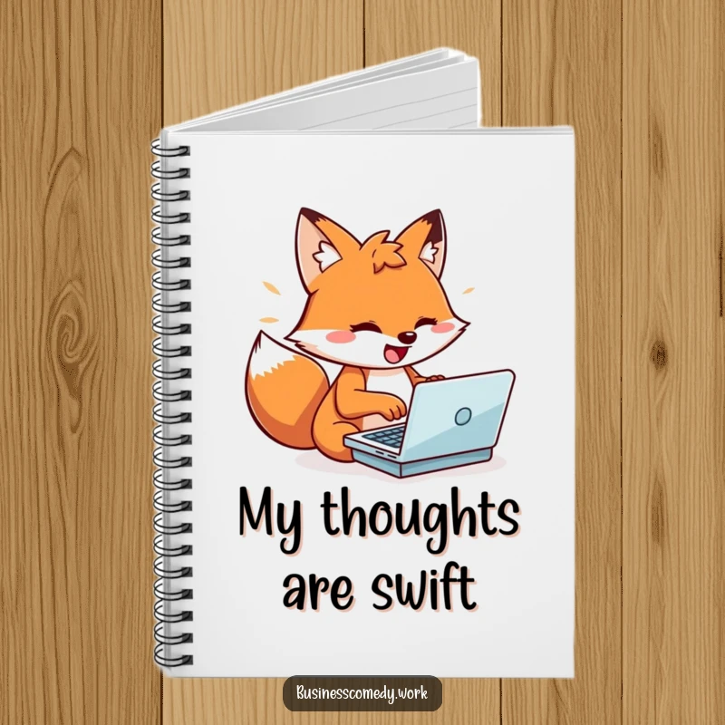 Funny playful fox typing rapidly on a small laptop on a notebook, a humorous journal for fast thinkers.