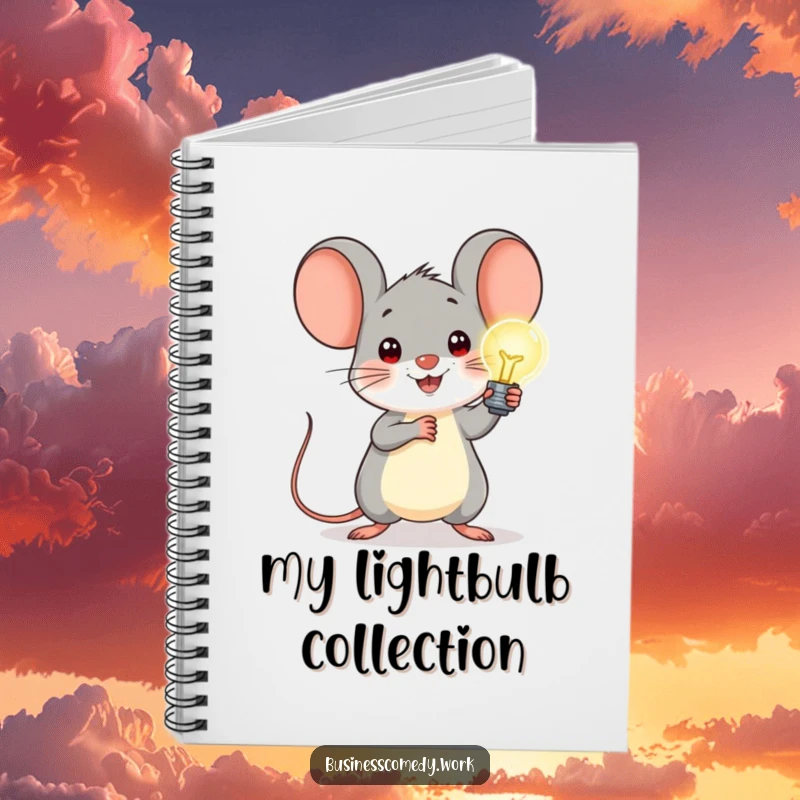 Funny notebook with a cheerful mouse holding a glowing lightbulb, perfect for capturing bright ideas and creative notes.