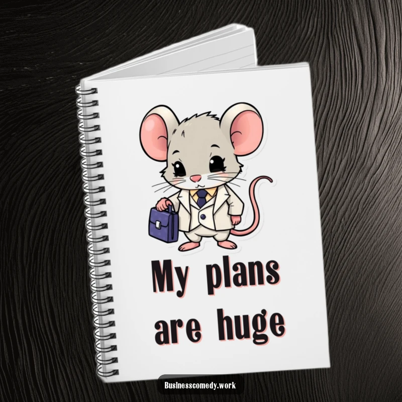 Funny mouse in a suit with a briefcase on a notebook, looking focused, a humorous journal for work or school.