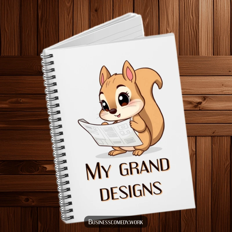 Funny notebook cover featuring a curious squirrel analyzing a blueprint, ideal for jotting down ideas.