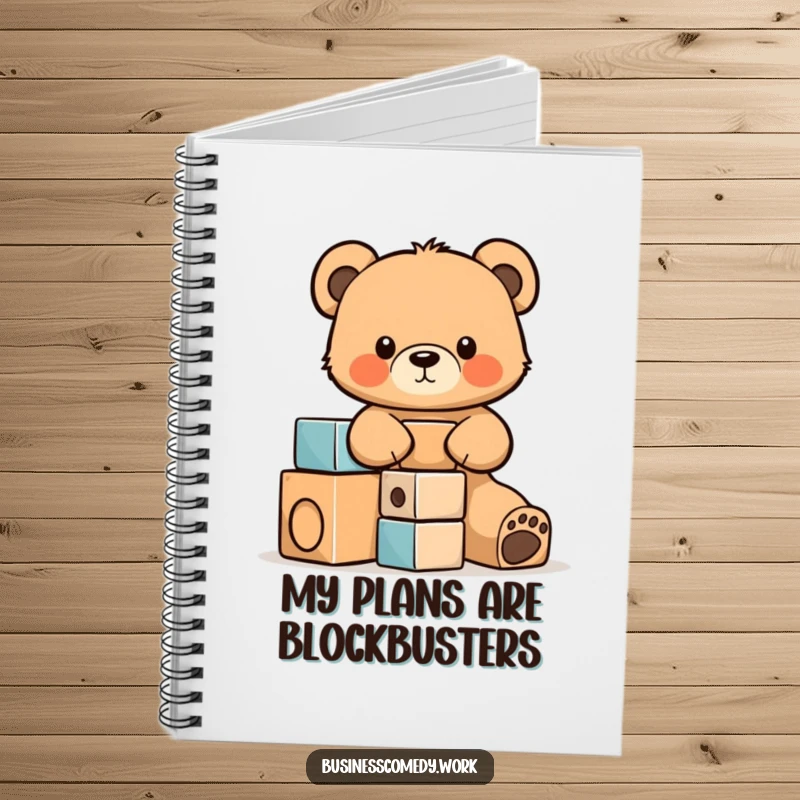 Funny notebook cover illustration of a focused bear cub cub stacking building blocks, perfect for note-taking.