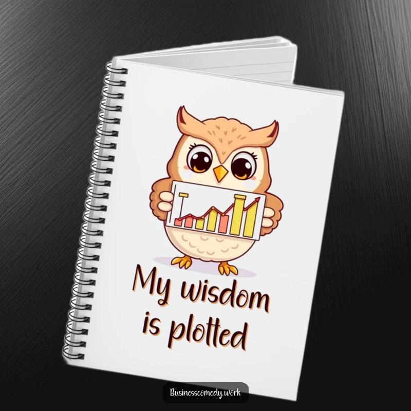 Funny cheerful owl presenting a rising graph on a notebook, smiling, a humorous journal for smart people.