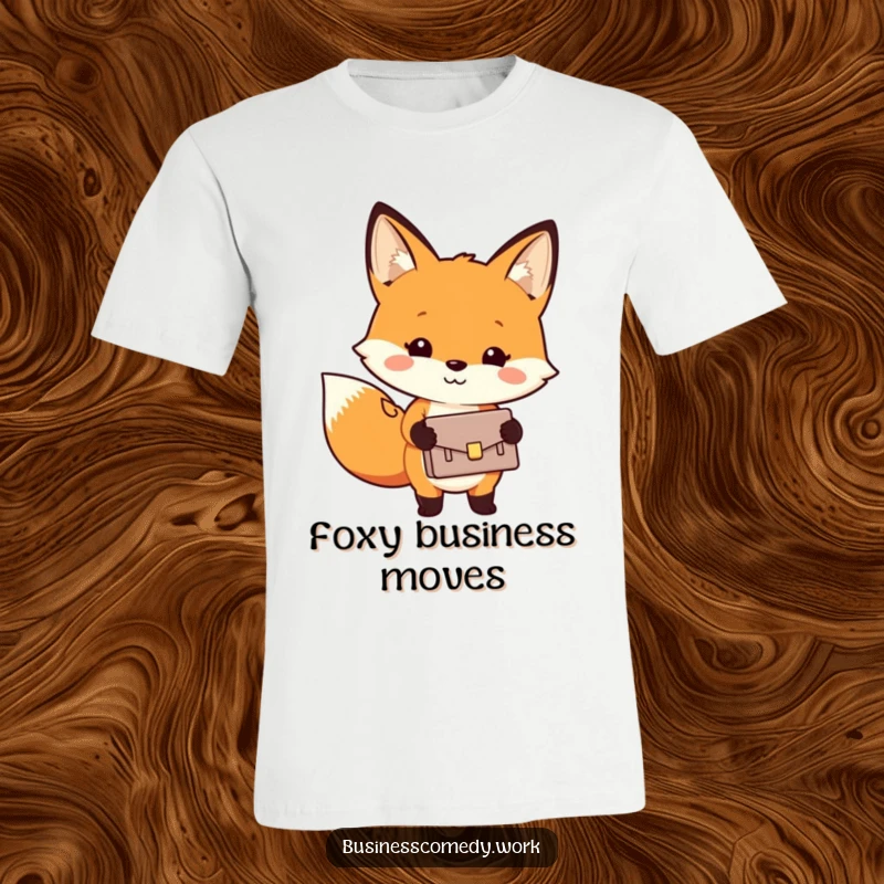 Funny t-shirt graphically depicting a smiling fox clutching a miniature briefcase, exuding confidence and humor.