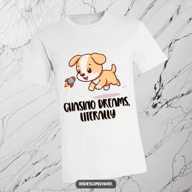 Funny t-shirt design of an energetic puppy in playful pursuit of a small rocket icon, symbolizing fun.