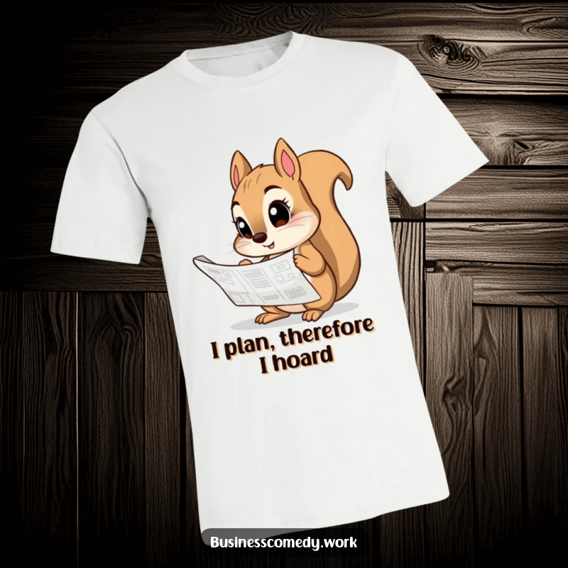 Funny t-shirt design of a curious squirrel examining a technical blueprint with immense concentration.