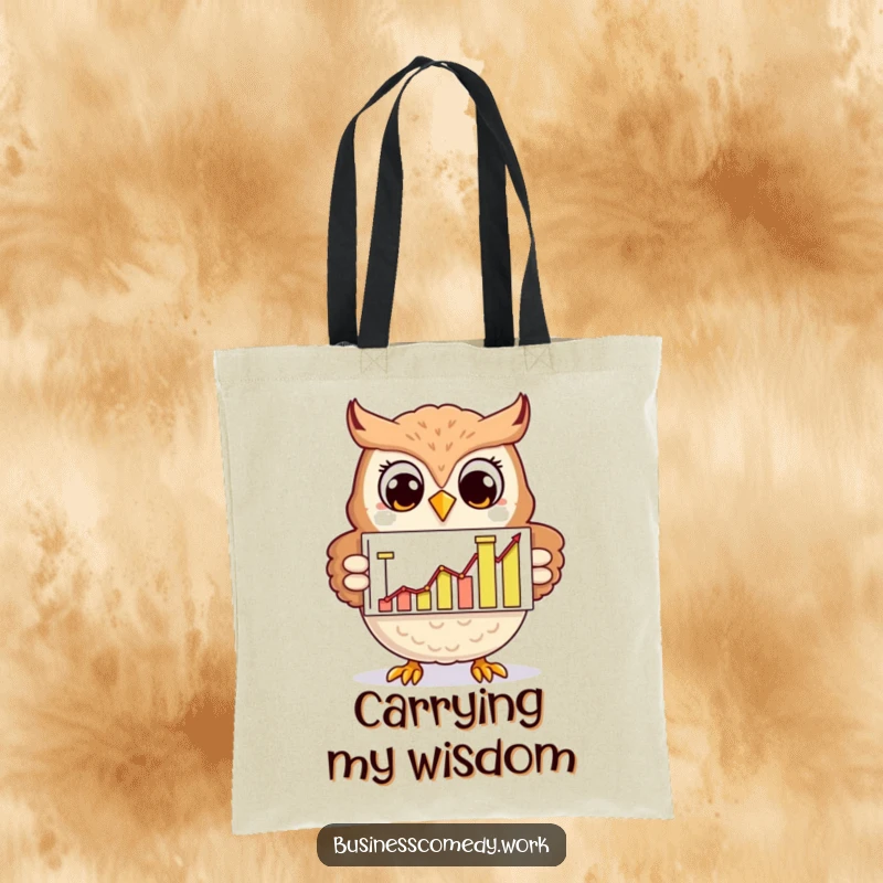 Funny cheerful owl holding a chart with rising graphs on a tote bag, smiling, a humorous accessory for smart people.